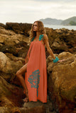 Reposição - Pré-Venda! Vestido Longo Coral com bordado Turquesa