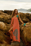 Reposição - Pré-Venda! Vestido Longo Coral com bordado Turquesa