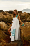 Reposição - Pré-Venda! Vestido Longo Off White com bordado Turquesa