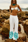 Reposição - Pré-Venda! Calça Flare Off White com bordado Turquesa
