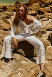 Reposição - Pré-Venda! Calça Flare Off White com bordado Bege