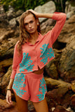 Reposição - Pré-Venda! Camisa Coral com bordado Turquesa