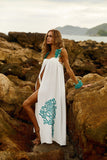 Reposição - Pré-Venda! Vestido Longo Off White com bordado Turquesa