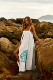 Reposição - Pré-Venda! Vestido Longo Off White com bordado Turquesa