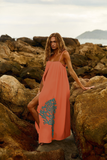 Reposição - Pré-Venda! Vestido Longo Coral com bordado Turquesa