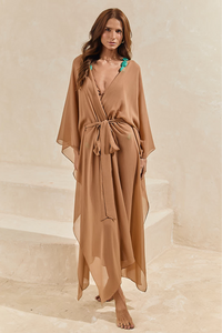 Pré-venda! Kaftan de Seda Longo Caramelo Wild Stone