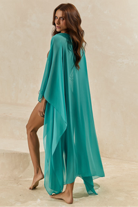Pré-Venda! Kaftan de Seda Longo Turquesa Wild Stone