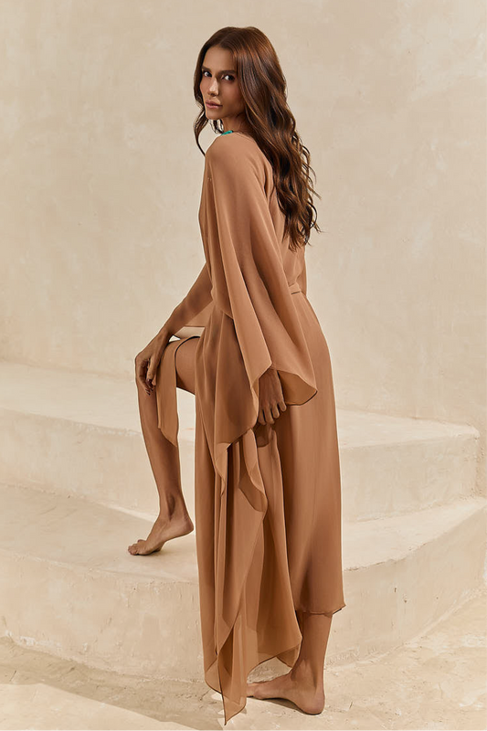 Pré-venda! Kaftan de Seda Longo Caramelo Wild Stone
