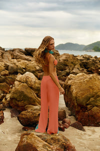 Reposição - Pré-Venda! Calça Flare Coral com bordado Turquesa