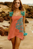 Vestido Curto Coral com bordado Turquesa