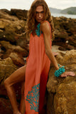 Reposição - Pré-Venda! Vestido Longo Coral com bordado Turquesa