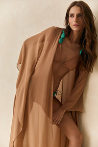 Pré-venda! Kaftan de Seda Longo Caramelo Wild Stone