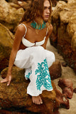 Reposição - Pré-Venda! Calça Flare Off White com bordado Turquesa