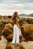 Reposição - Pré-Venda! Calça Flare Off White com bordado Turquesa