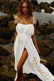 Reposição - Pré-Venda! Vestido Longo Off White com bordado Bege