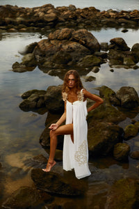 Reposição - Pré-Venda! Vestido Longo Off White com bordado Bege