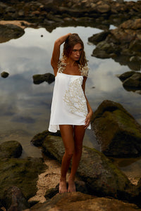 Reposição - Pré-Venda! Vestido Curto Off White com bordado Bege