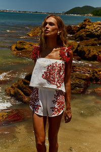Blusa Alcinha Off White com bordado Vermelho Clássico