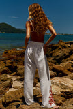Reposição - Pré-Venda! Calça Flare  Off White com bordado  Vermelho Clássico