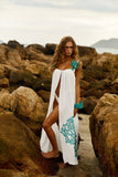 Reposição - Pré-Venda! Vestido Longo Off White com bordado Turquesa