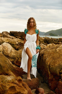 Reposição - Pré-Venda! Vestido Longo Off White com bordado Turquesa