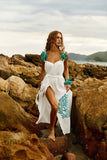 Reposição - Pré-Venda! Vestido Longo Off White com bordado Turquesa