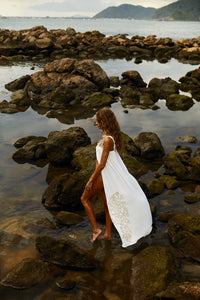 Reposição - Pré-Venda! Vestido Longo Off White com bordado Bege