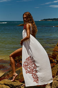 Reposição - Pré-Venda! Vestido Longo Off White com bordado Vermelho Clássico