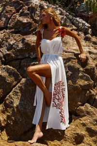 Reposição - Pré-Venda! Vestido Longo Off White com bordado Vermelho Clássico