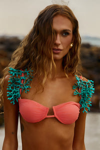 Top Meia Taça Coral - com alça Turquesa