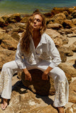 Reposição - Pré-Venda! Calça Flare Off White com bordado Bege