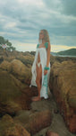 Stories de Vestido Longo Off White com bordado Turquesa