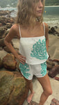 Stories de Blusa Alcinha Off White com bordado Turquesa