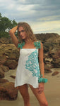 Stories de Vestido Curto Off White com bordado Turquesa