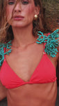 Stories de Top Cortininha Coral - com alça Turquesa