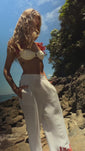 Stories de Calça Flare  Off White com bordado  Vermelho Clássico